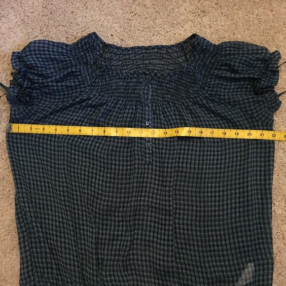 Checkered Chiffon Ruched Puff Sleeve Milkmaid Blouse - Picture 8 of 12